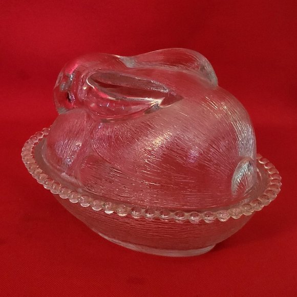 VTG Clear Glass Bunny Rabbit Covered Trinket Oval Candy Beaded Dish Translucent - Picture 14 of 15